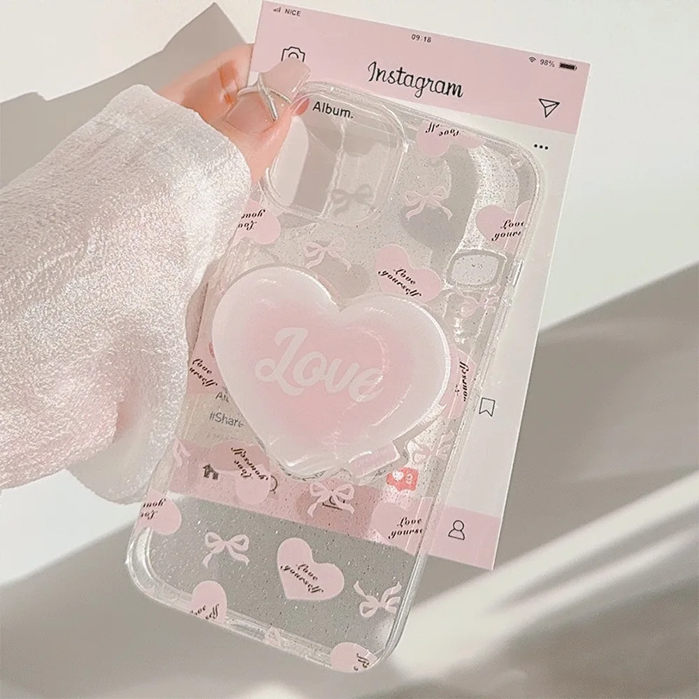 Koreanische Glitzer Rosa Schleife Herzförmiger Halter Handyhülle für iPhone 17 Air 16 15 14 13 12 11 Pro Max Transparente Stoßfeste Weiche Hülle