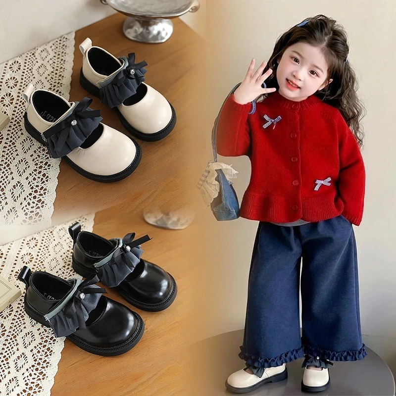 JGSHOWKITO Kids Mary Jane Shoes Pleated Bow Decor Girl Platform Leather Shoes Non Slip Princess Children Daily Party Dress Shoes