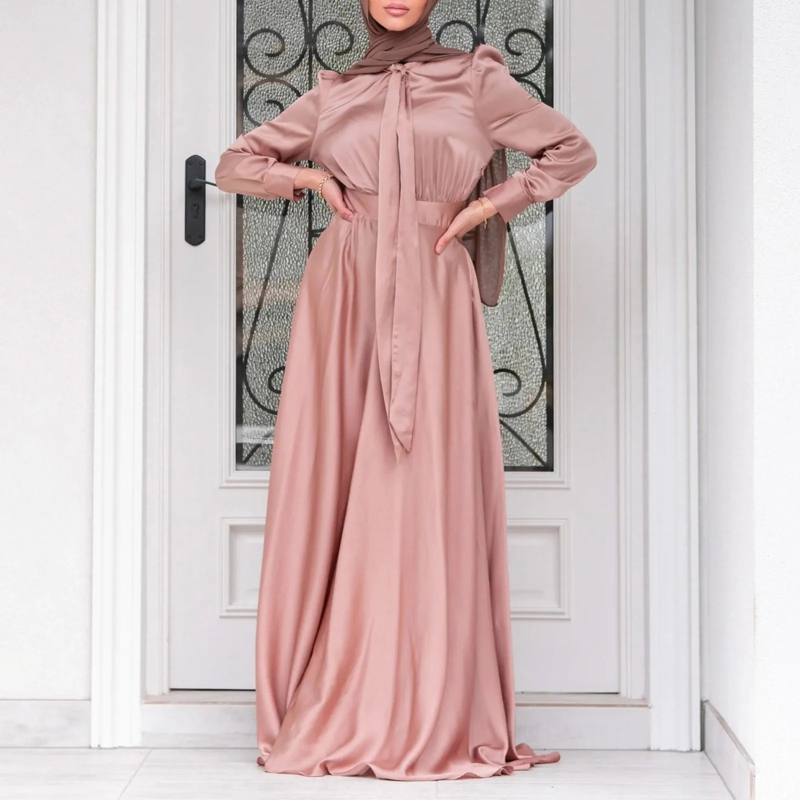 

Women Satin Dress Muslim Abaya Hijab Dubai Turkey Evening Dresses Long Sleeve Solid Color Fashion Muslim Dress Robe Vestidos