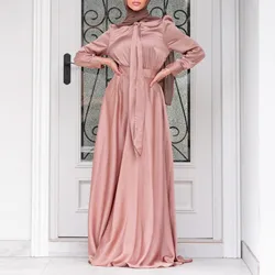 Women Satin Dress Muslim Abaya Hijab Dubai Turkey Evening Dresses Long Sleeve Solid Color Fashion Muslim Dress Robe Vestidos