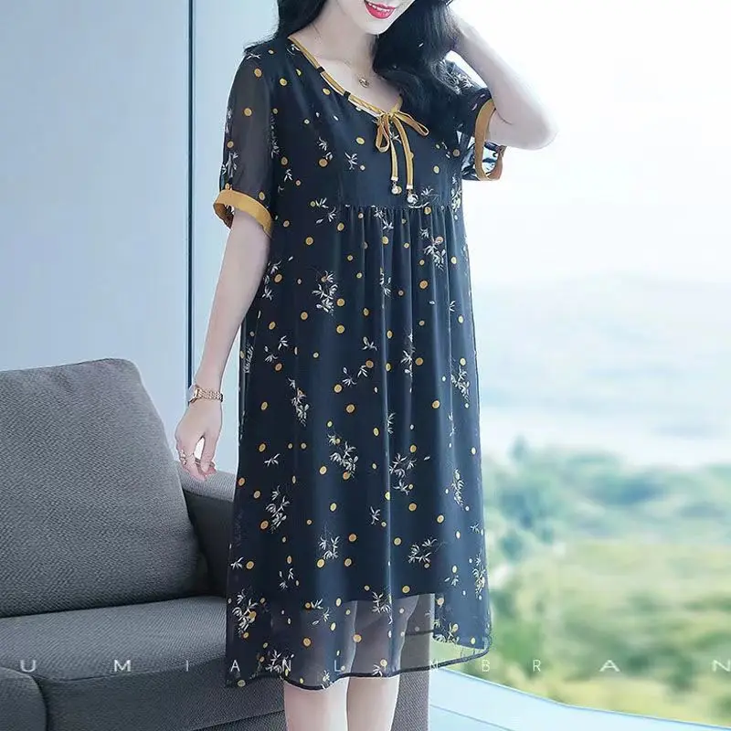 Stylish Broken Flower Printed Casual Dresses Female Clothing Straight Summer Chiffon O-Neck Bow Korean Short Sleeve Midi Dress