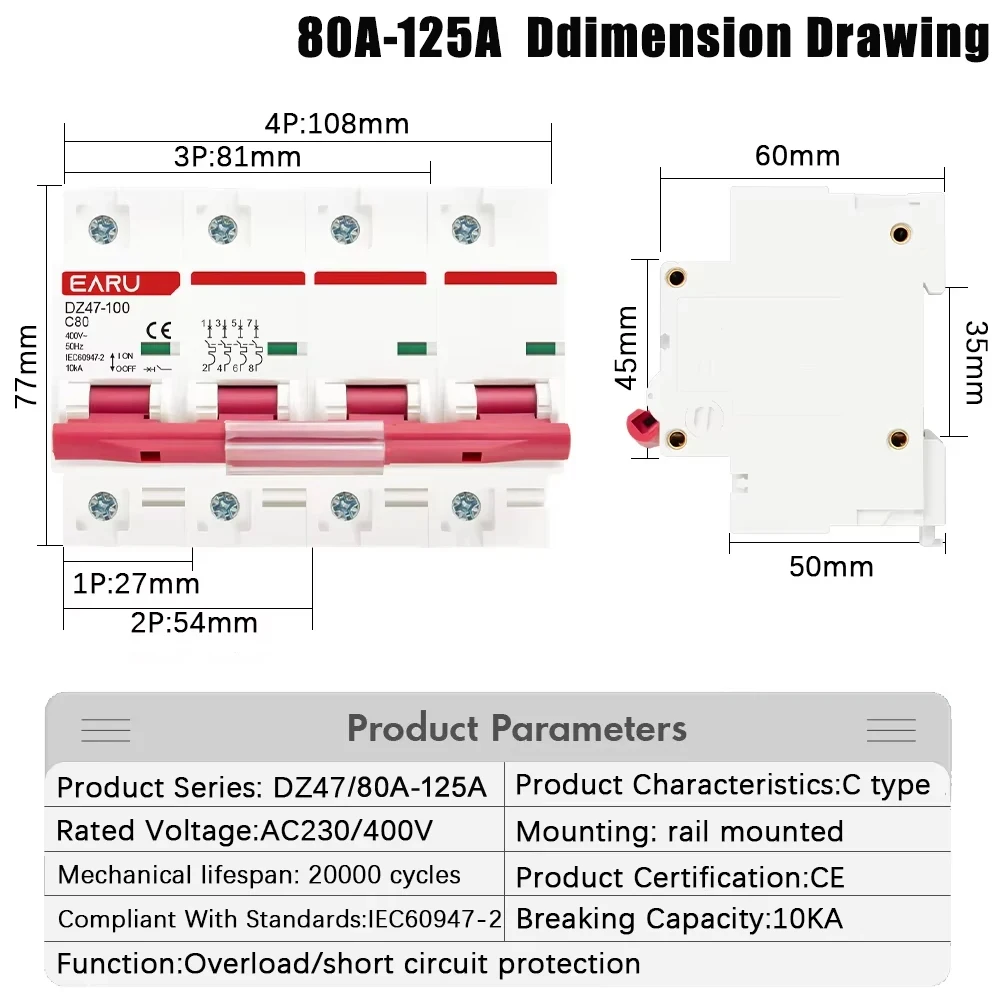 DZ47 1P 2P 3P 4P 3A-125A AC 230V 400V C Type Mini Circuit Breaker MCB Short Overload Protector Din Rail Mount Breaking Capacity
