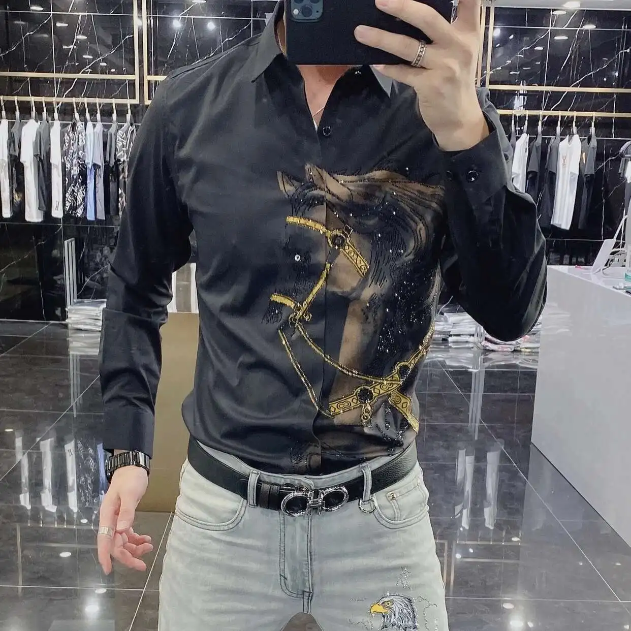 Black Animal Horse Shirt Social Camisa Hombre Rhinestones Shirts Mens Luxury Top Diamond Men's Shirt Long Mouw Slim Casual Shirt