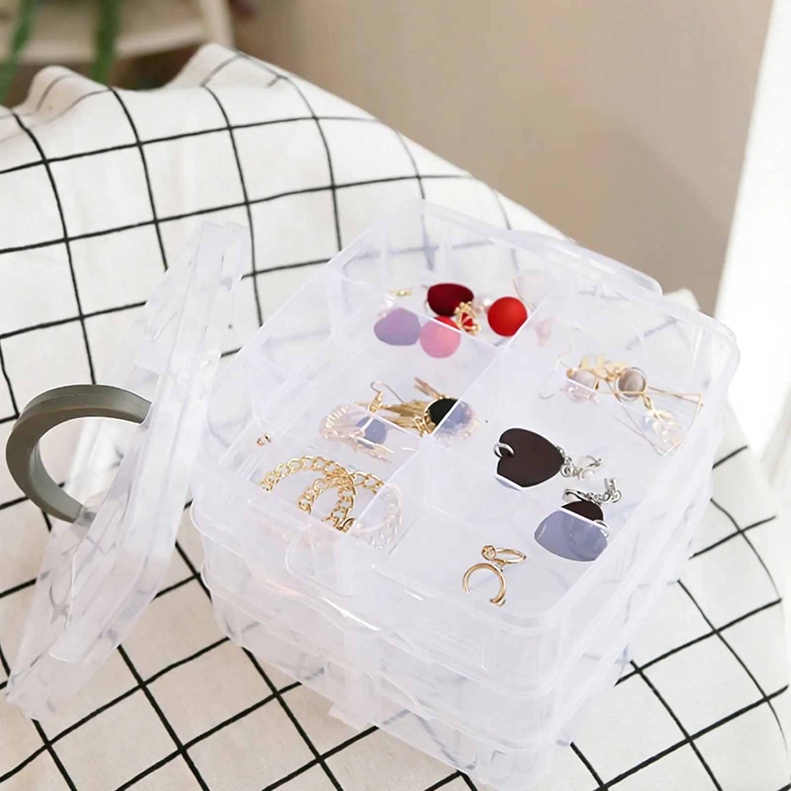 1Pcs Plastic Jewelry Box Three-Layers Detachable Desktop Storage Case 18 Grids Portable Hair Rope Organizer for Neat Desk