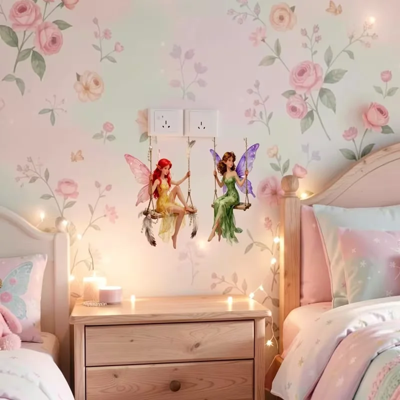 A 2D wall sticker featuring a butterfly fairy dancing on a swing, self-adhesive home decoration switch sticker