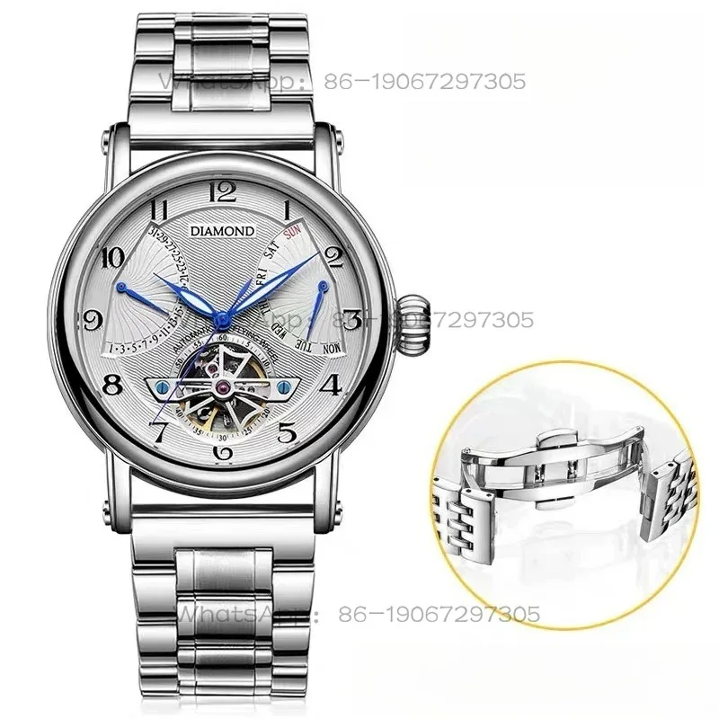 

24-Hour Shipping Shanghai Diamond Hollow Flywheel Calendar Week Night Light Multifunctional Men's Watch