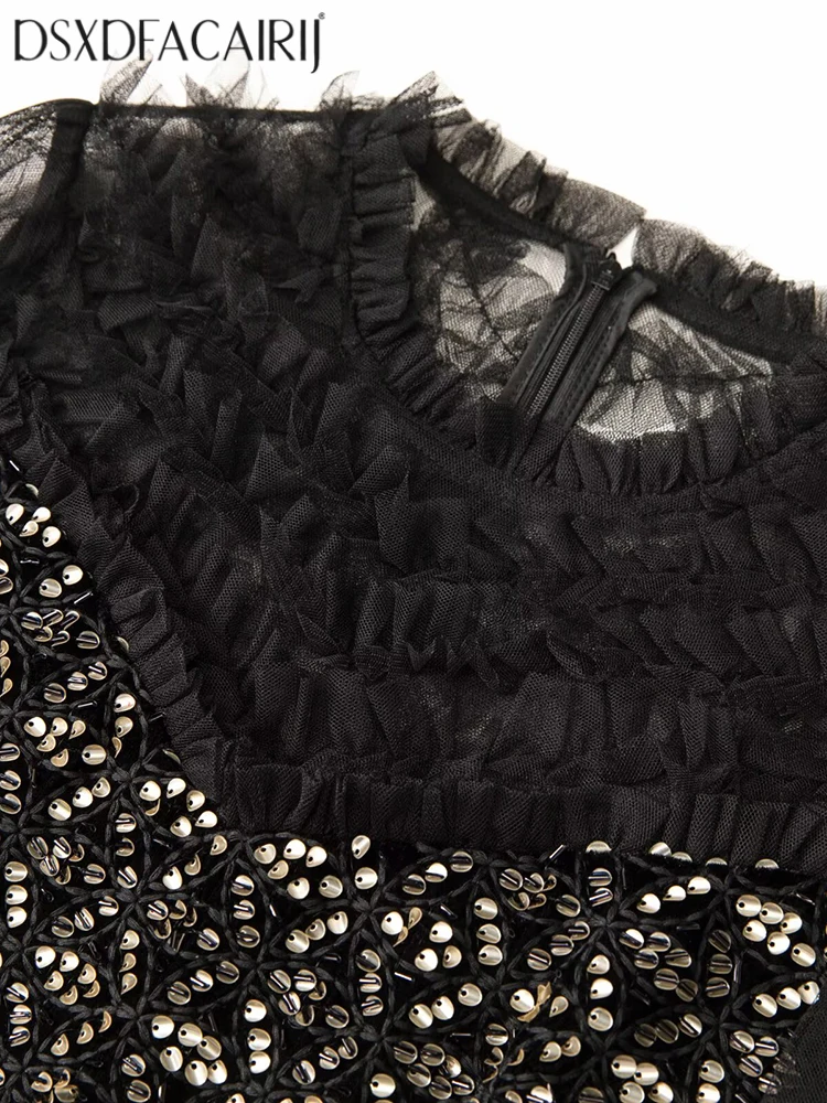 DSXDFACAIRIJ فستان ماكسي نسائي برقبة دائرية ترتر مطرز بأكمام واسعة وكشكشة فستان شبكي عتيق لأزياء الخريف