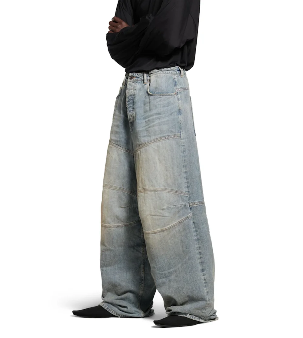 اللون حجب الرباط مزدوجة الركبة فضفاض الجينز للرجال واسعة الساق غسلها خمر فضفاض سراويل جينز المتضخم السراويل البضائع #6