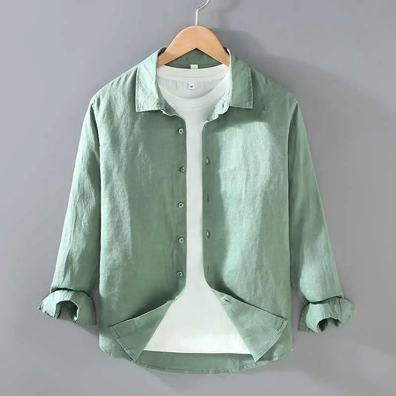 High End Pure Linen Men's Casual Lapel Shirt 9605 Large Size PU Leather Waist Cinched Nine Sleeve Fleece Lined Clean Fit Style