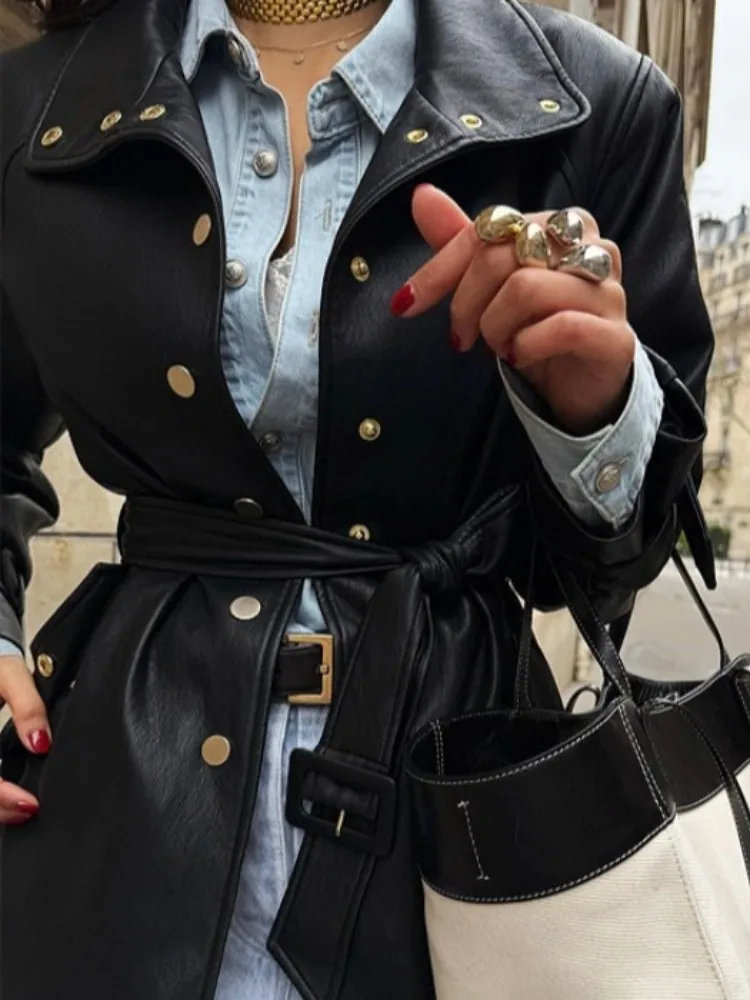 

Loose Briti Sle Retro Belted Waist Motorcycle PU Leather Jaet Women's Coat Dongda Gate Sle Spring Autumn Winter Outer...