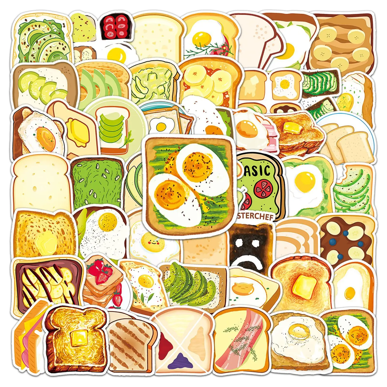 

50PCS Toast Bread Stickers Cartoon Food Cute Material Decoration DIY Notebook Luggage Phone Case Waterproof Stickers Kids Toy