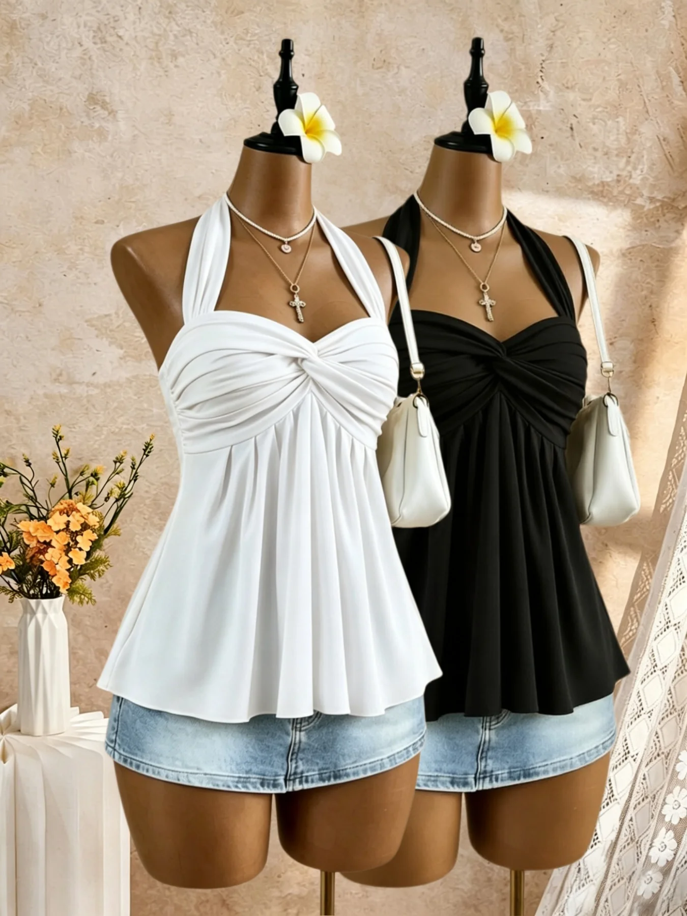 2 Pack Multi-color Women Halter Twist Front Sweetheart Neck Flared Peplum Camisole 2026 Summer Y2K Solid Sleeveless Flowy Beach