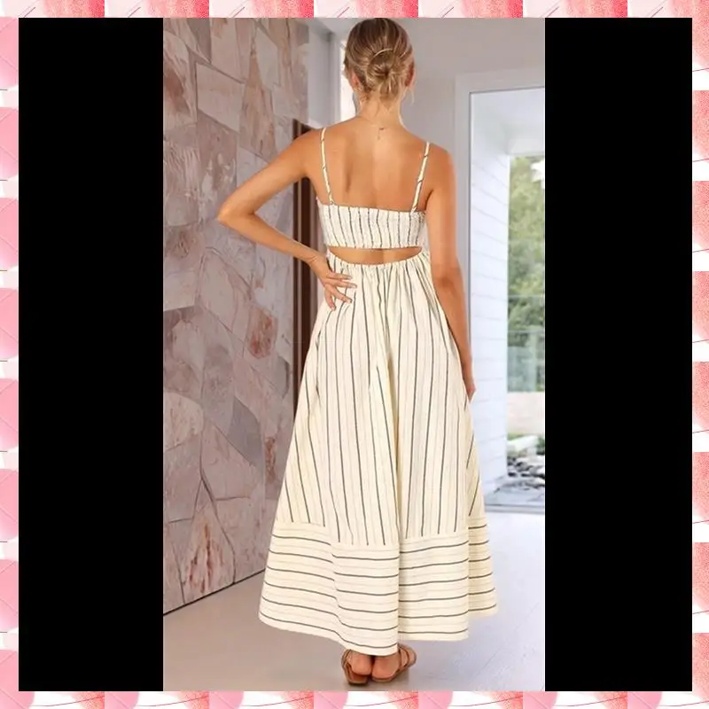 Women's Striped Back Smocked Maxi Dress Spaghetti Strap Cut Out Flowy Swing Long Dress