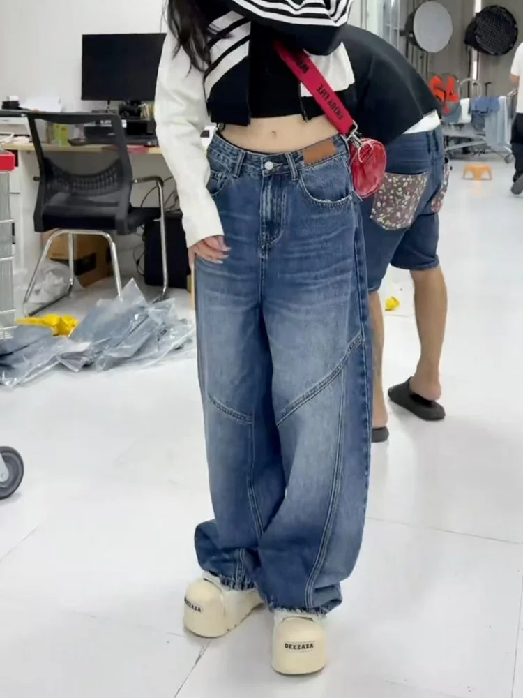 ارتفاع الخصر فضفاضة تناسب الأزرق الدنيم الجينز المرأة حجم كبير مستقيم الساق السراويل الخريف Faion الكمثرى القرد الجسم التخسيس بنطلون