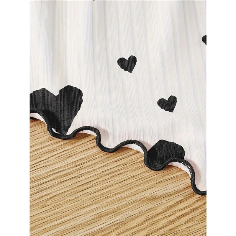 Women's Heart Print Ruffle Trim Sleeveless Top & Two Bottoms Three Piece Loungewear Set Black Heart L Eco-Friendly