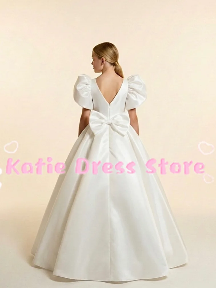 Ivory Satin Flower Girl Dress For Wedding Short Sleeve Puffy Elegant Kids Birthday First Communion Ball Gowns Customized