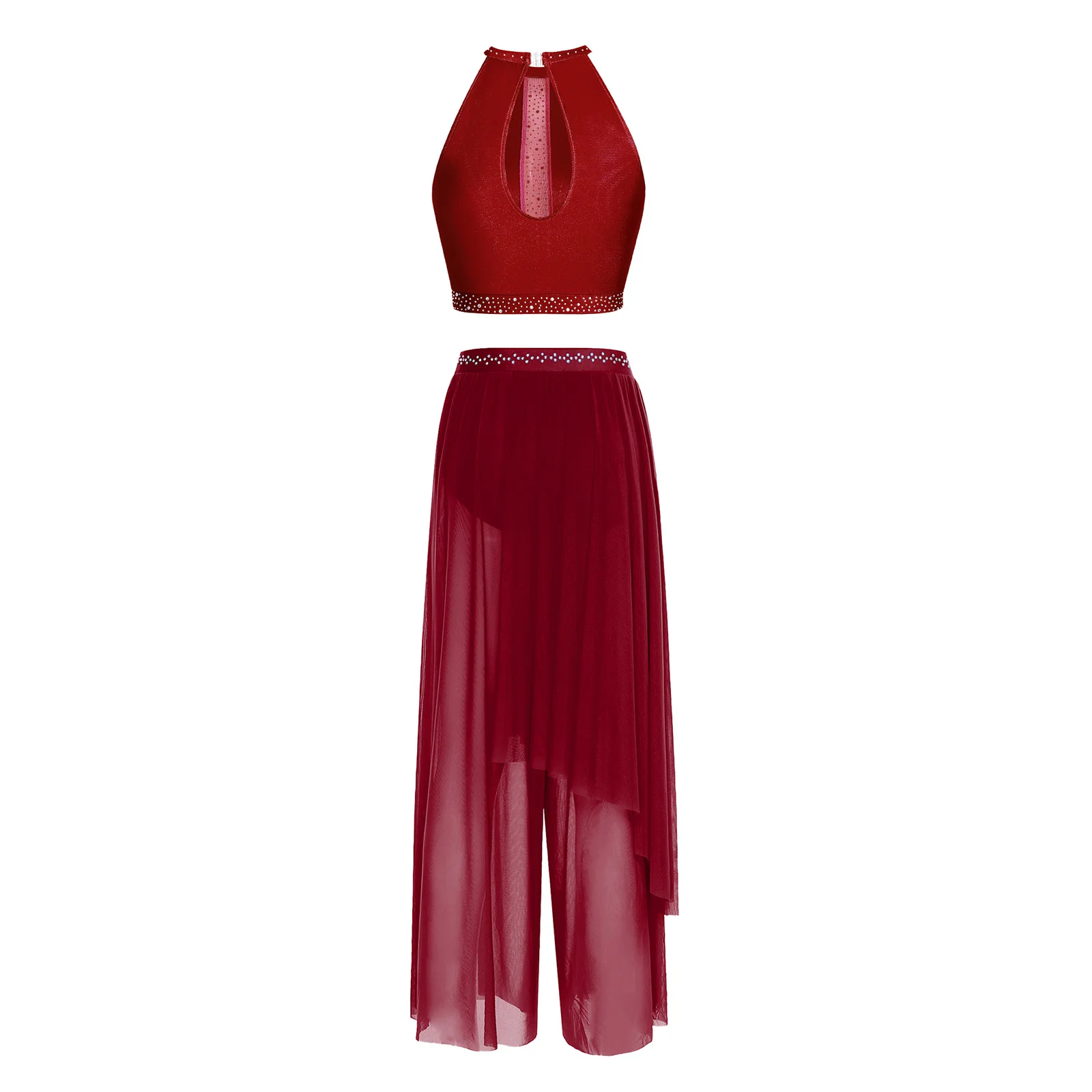 Women Lyrical Ballroom Dance Set Rhinestone Keyhole Back Tank Top with Irregular Overlay Mesh Pants Salsa Rumba Dance Costumes