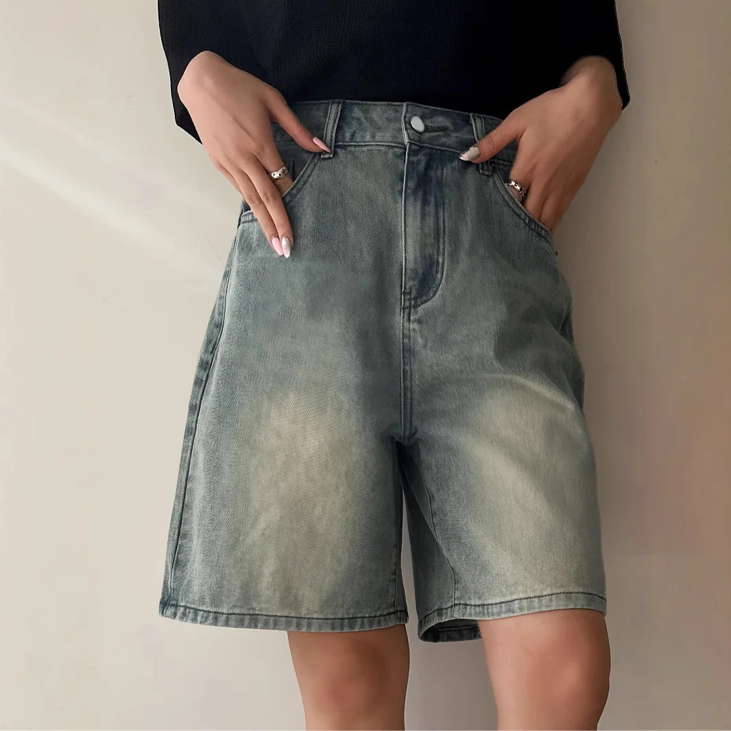   المرأة عالية الخصر الدنيم السراويل الأمريكية خمر غسلها ألف خط منتصف طول جذوع فضفاضة تناسب مستقيم الساق الصيف عادية   #3