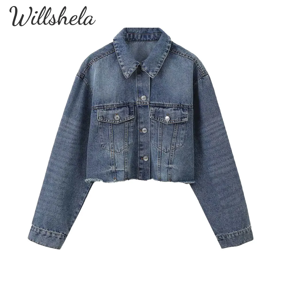 

Willshela женская модная укороченная джинсовая куртка с воротником с лацканами и длинными рукавами, женское шикарное женское короткое пальто, наряды