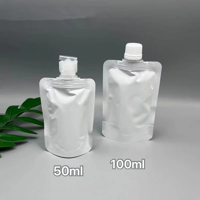 

200pcs 50ml 100ml Small Liquid Packaging Bags - Silvery White Pure Aluminum Foil Pouches with Suction Nozzle Drinks