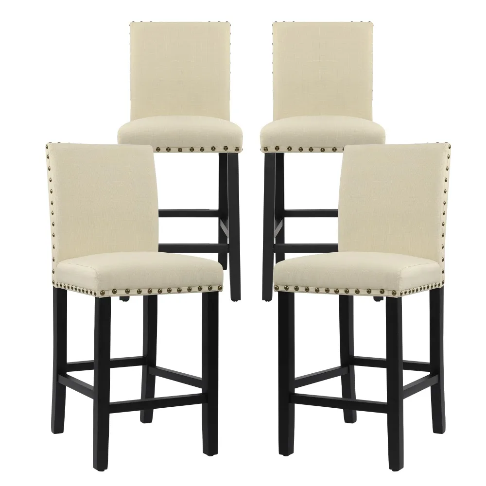 Bar Stools Set of 4, Counter Height Bar Stools for Kitchen Island, Upholstered Barstools with Solid Wood Legs