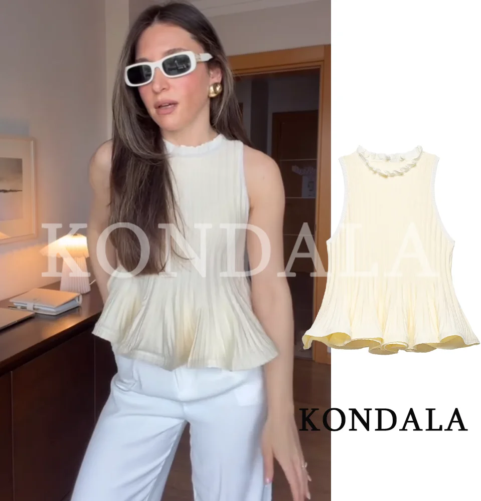 KONDALA Damen Elegante Süße Tanktops Street Trendy Cremegelbe Gerippte Weste 2026 Sommer Mode Urlaub Lässige Wellensaum-Tops