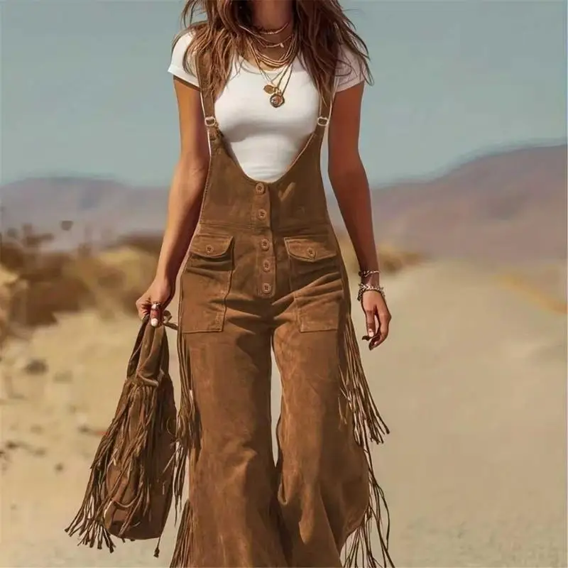 2026 New Western Cowgirl Bib Pants Soft Suedes Fringe Accent Women Adjustable Jumpsuits