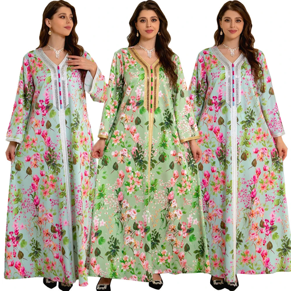 

2024 Muslim Print Hijab Dress for Women Ramadan Arabic Femme Embroidery Abaya Islamic Jalabiya Marocain Clothes Moroccan Kaftan