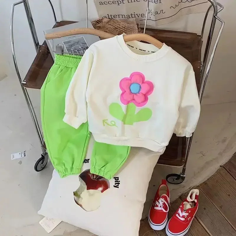 Survêtement deux pièces en coton trempé pour bébé fille, ensemble de vêtements de sport pour enfants, sweat-shirt à fleurs stéréoscopiques, haut et