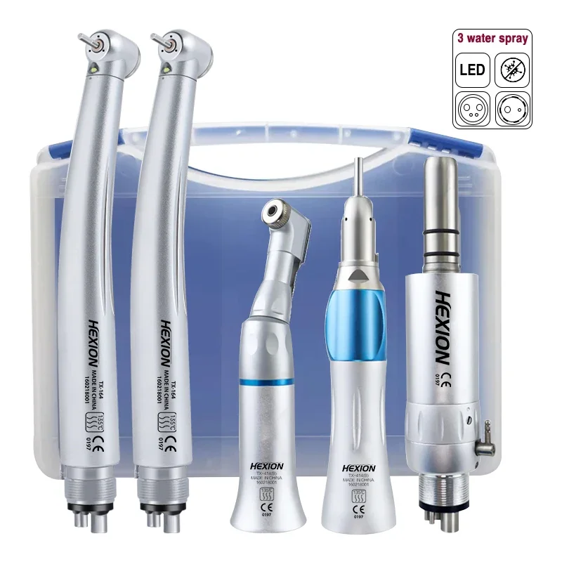 HEXION 5-teiliges LED-Zahnhandstück-Set, 2 Hochgeschwindigkeits-Turbinen, autoklavierbar, Gegenwinkel, gerades Handstück, Zahnklinik-Zubehör, F