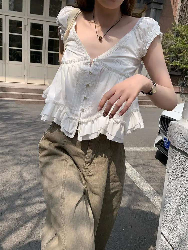 Sweet Short Sleeve V-Neck Women's Shirt Ruffle Hem Baby Doll Top Korean Style Commute Fashion White Lace Shirt Summer Wear