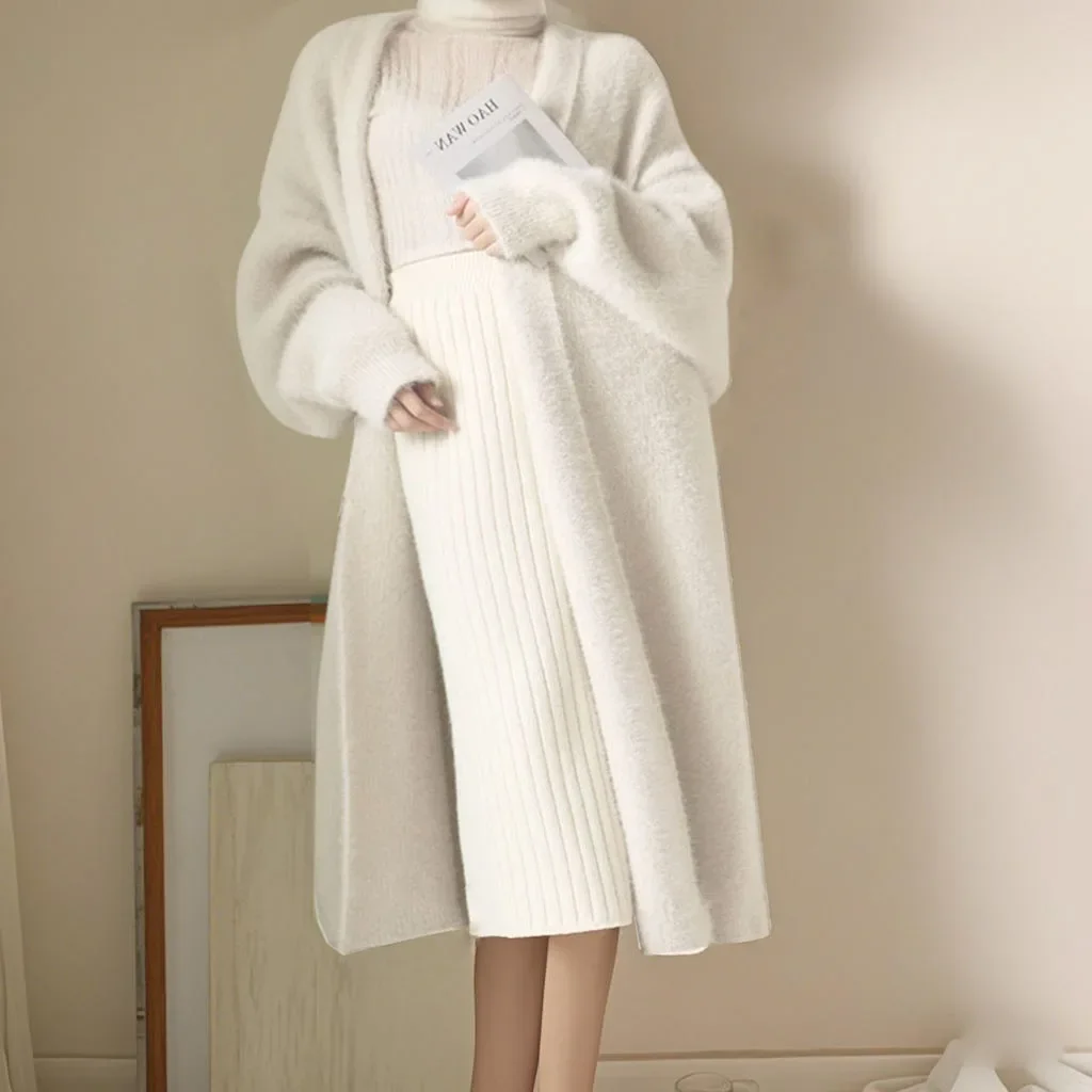 

white Long Cardigan for women winter clothes Knitted fluffy long sleeve Cashmere sweater coat clotkorean style warm vintage