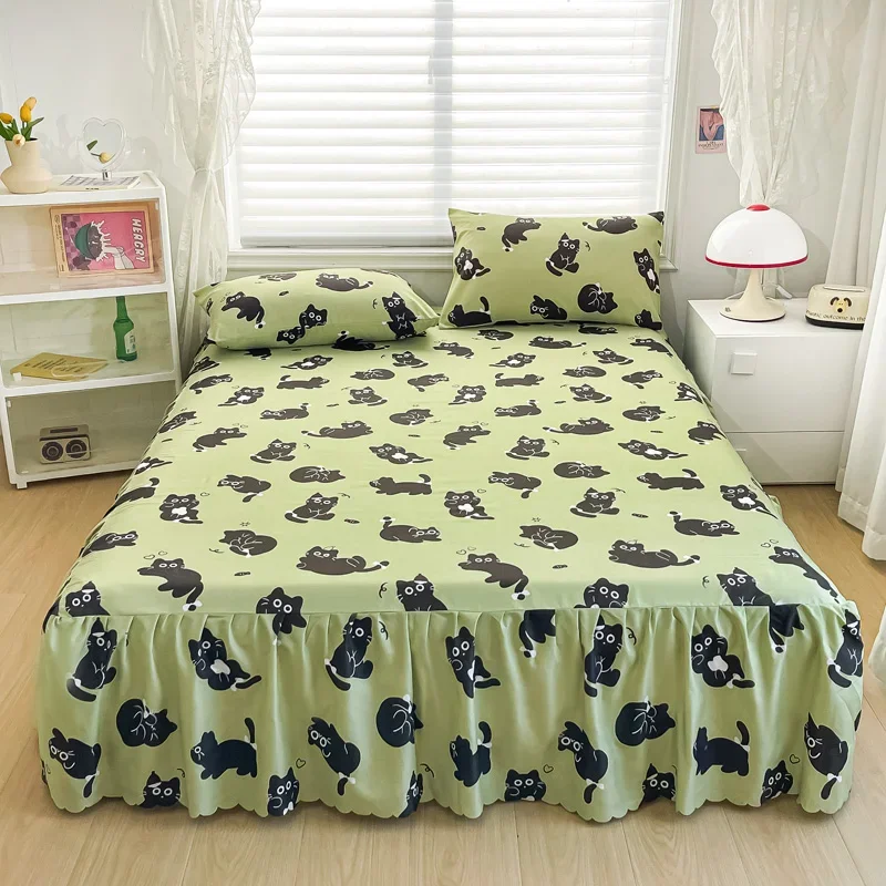 Black Cat Wrap Around Bed Skirt for Kids Boys Girls Cute Kitten Print Dust Ruffle Bedding Set 14 Inch Drop Pleated Bed Skirts