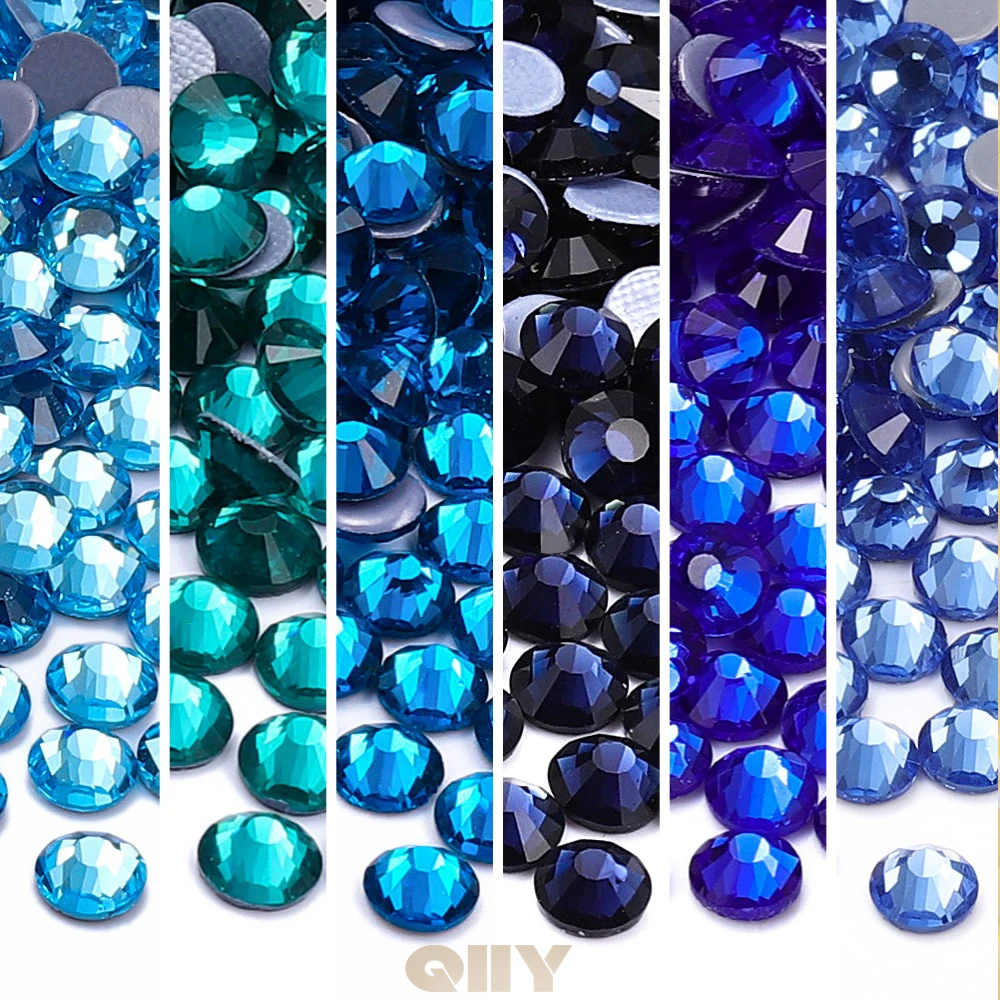 

QIIY SS6-SS30 Blue Series Glass Crystal Rhinestones Hot-fix Flatback Iron On Stones For Wedding Dress Fabric Clothes Decoration