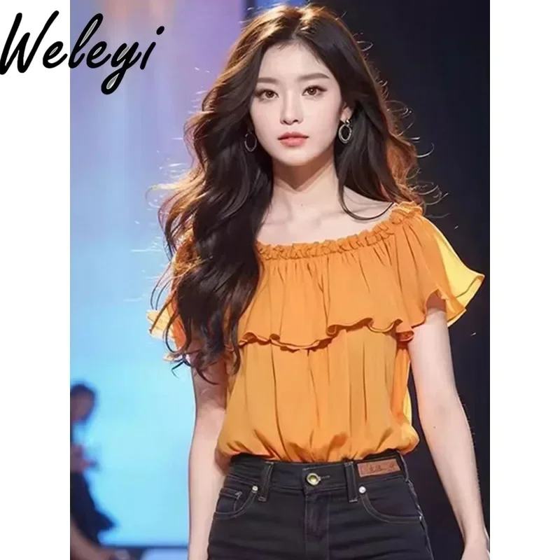 

Korean Fashion Sweet Orange Shirts Womans Clothing Summer Dopamine Wear Ruffled Off Shoulder Loose Short Sleeve Camisas E Blusas