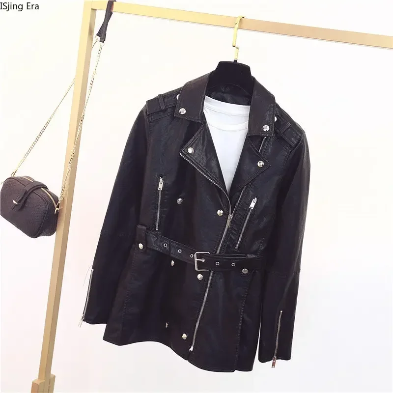 2023 Autumn New Women PU Motorcycle Leather Women Slim Fit Mid Length Windbreaker with Belt Q16