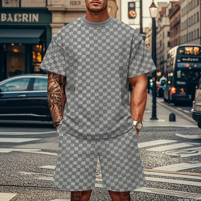 2024 New For Man Summer Jacquard PJlaid Short Sleeve T-shirt Fashion Sports Set Breathable T-shirt + Shorts Sports Two-piece Set