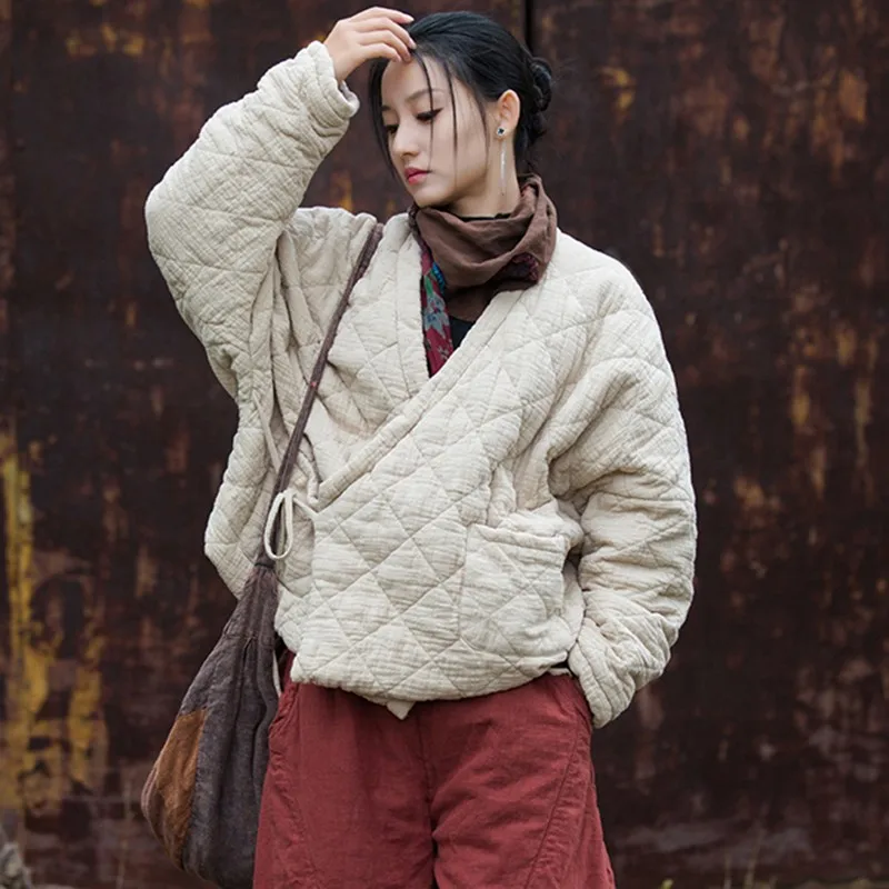 Women Casual Quilted Coats New 2024 Autumn Vintage Style Solid Color Loose High Quality Female Cotton Linen Padded Jackets M103