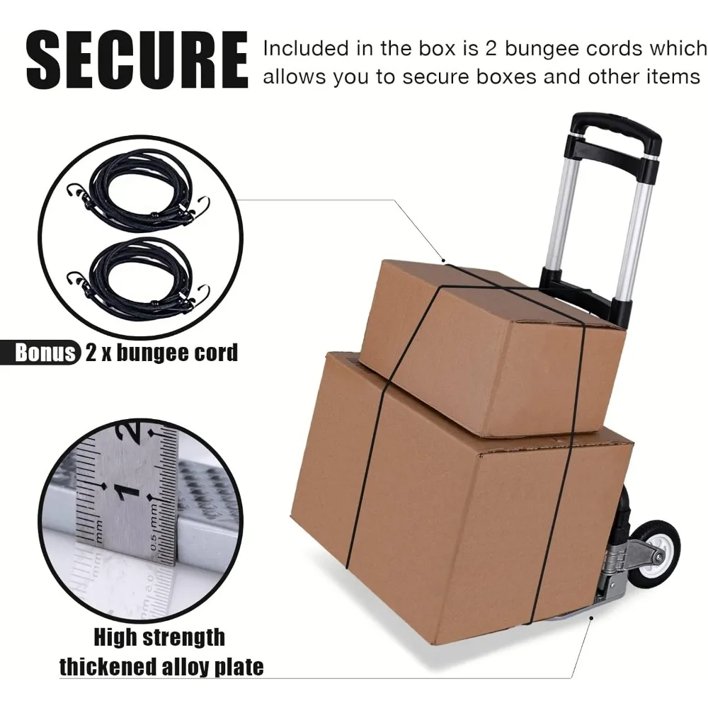 Przenośny składany wózek ręczny z teleskopowym uchwytem, aluminiowy wózek transportowy, udźwig 81 kg, czarna linka elastyczna w zestawie