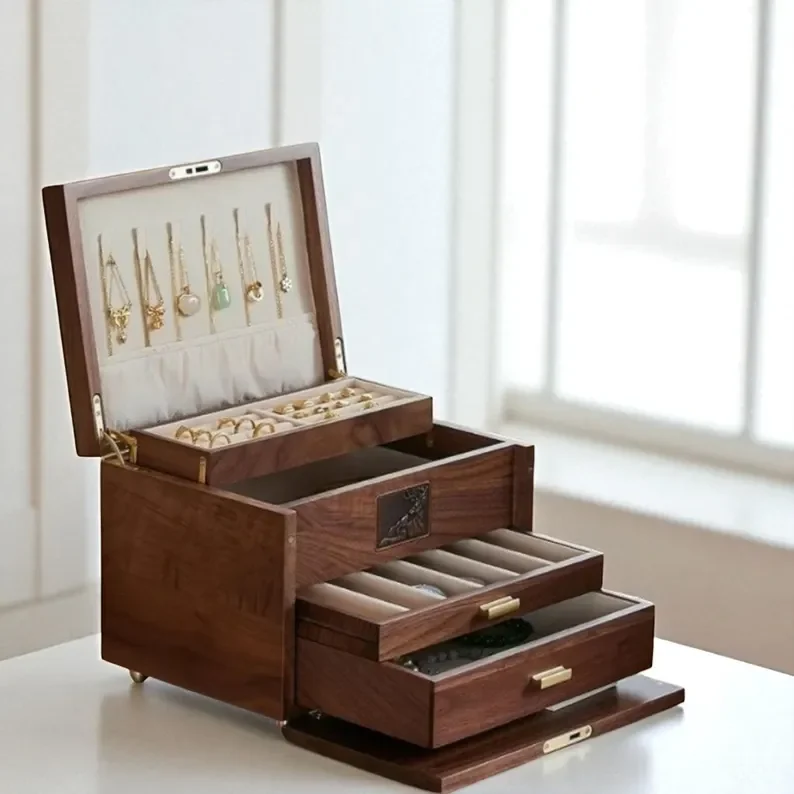 Handmade Walnut Wood Jewelry Box Rustic Organizer with Drawers Lightweight Design