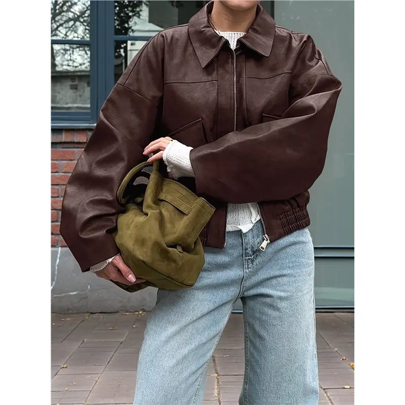 CYL-Chaqueta de motocicleta de piel sintética para mujer, chaquetas recortadas con cremallera y bolsillos a la moda, abrigo, prendas de vestir exteriores