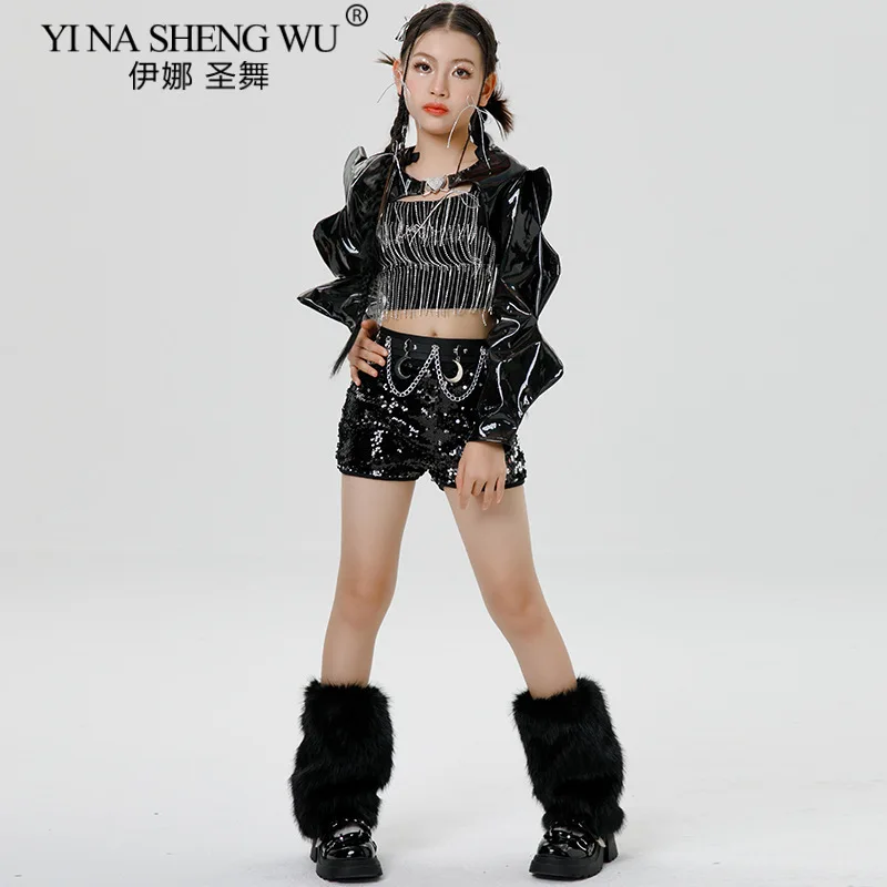 Traje de baile de Jazz con lentejuelas para niñas, pantalones cortos negros con lentejuelas, Top corto para chico, trajes de baile callejero de Hip Hop, ropa de actuación de baile k-pop