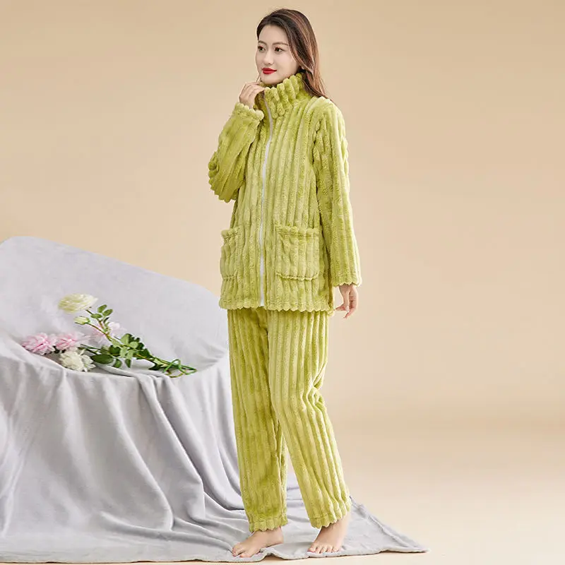 Lazy Wind Zipper  Thickening Warmth Can Be Worn Outside Pajama Women Flannel Fine Fleece Autumn Winter Coral Fleece Loungewear