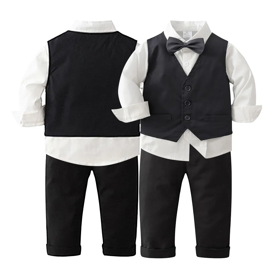 

1-6Y Children's Long Sleeved Top Shoulder Strap Long Pants Black Gentleman's Clothing Set Spring Autumn Boys' Fashion Suit