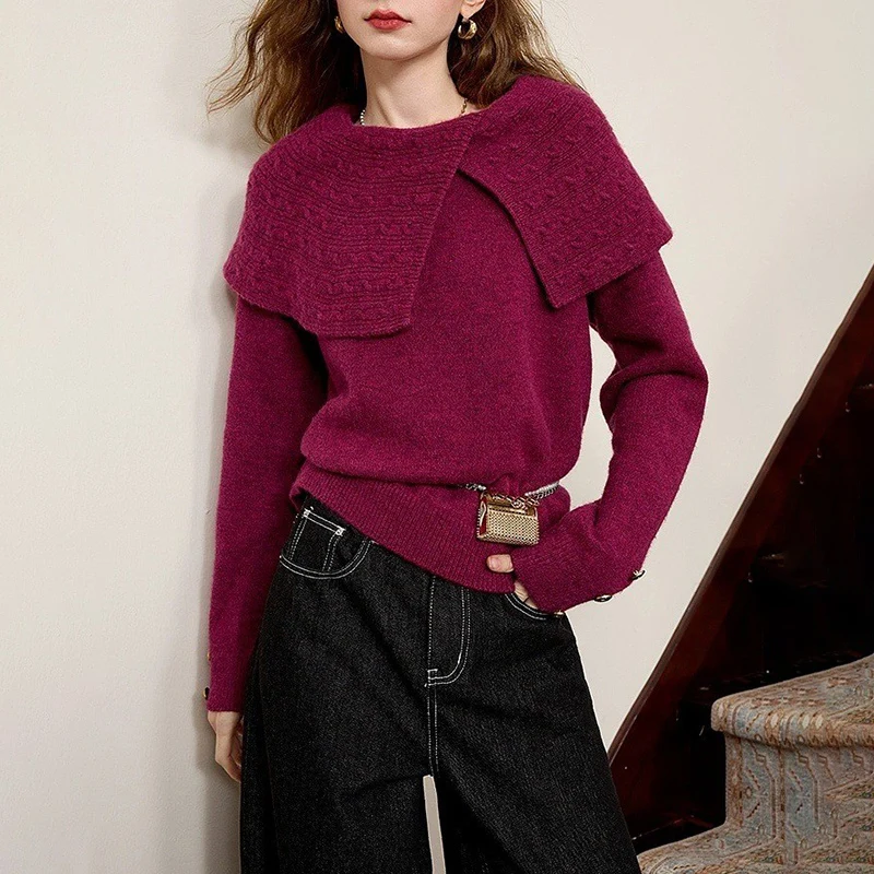 

French Irregular Long Sleeve Pullovers Sweater Women Autumn Y2K Vintage Lapel Knitted Sweater Chic Button Street Jumpers Tops