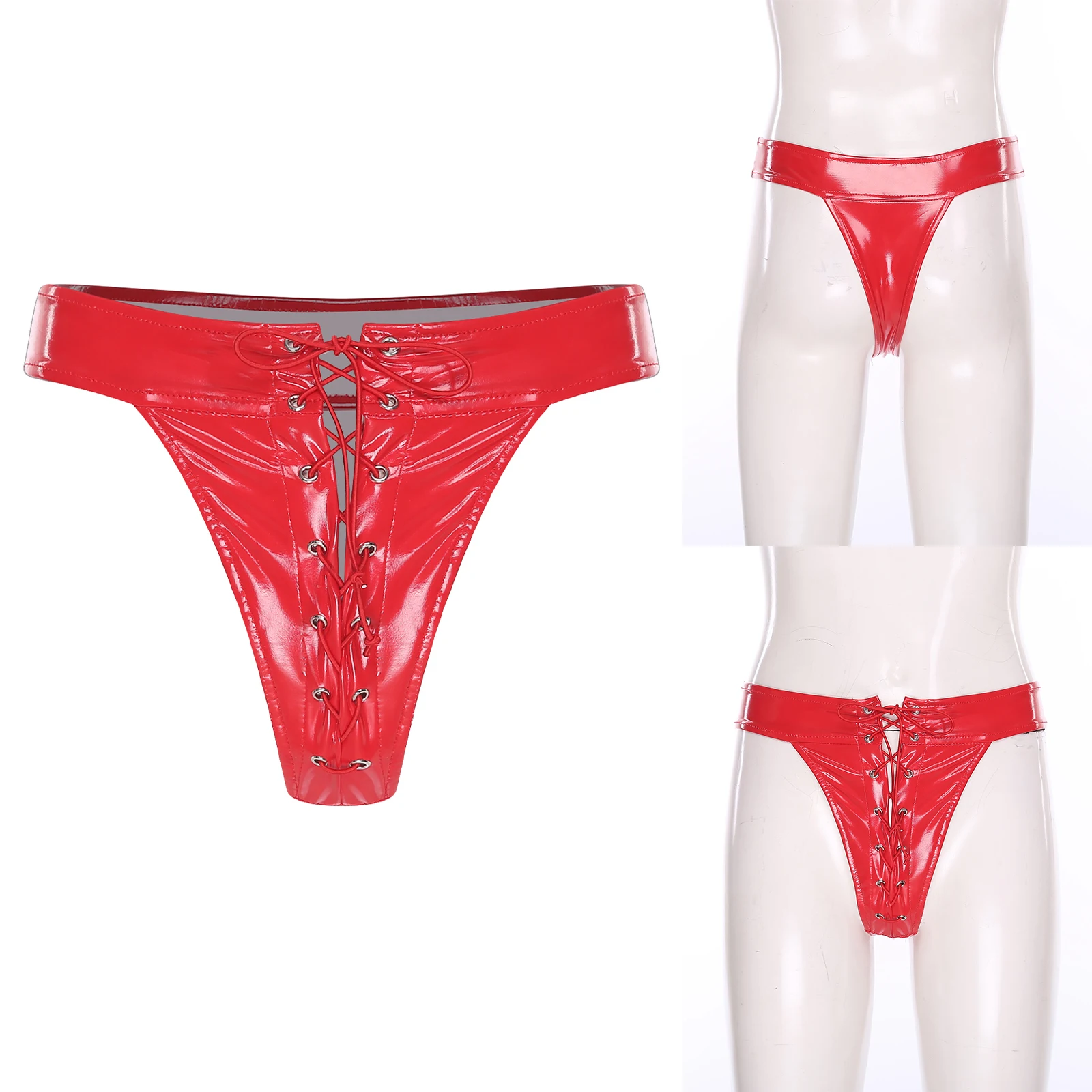 

Women's Lace-up T-back Bikini Briefs Lingerie High Cut PU Leather G-string Thongs for Dating Night Bikini Beachwear Underpants