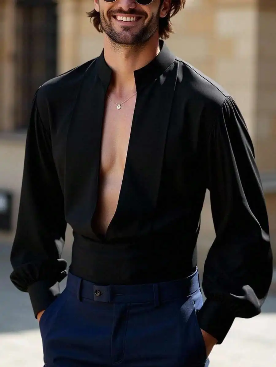 

Men's Black Solid Notched Collar Long Sleeve Ruched Shirt for Semi-Formal & Casual Wear