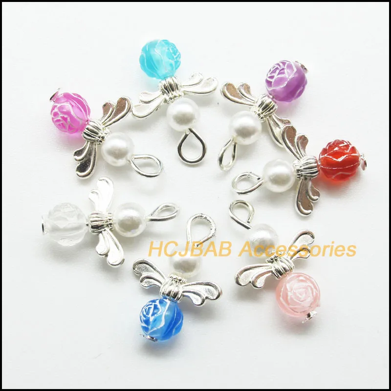 14 New Jelly Round Mixed Acrylic Angel Charms Silver Plated Rose Flower Pendants 14x20mm