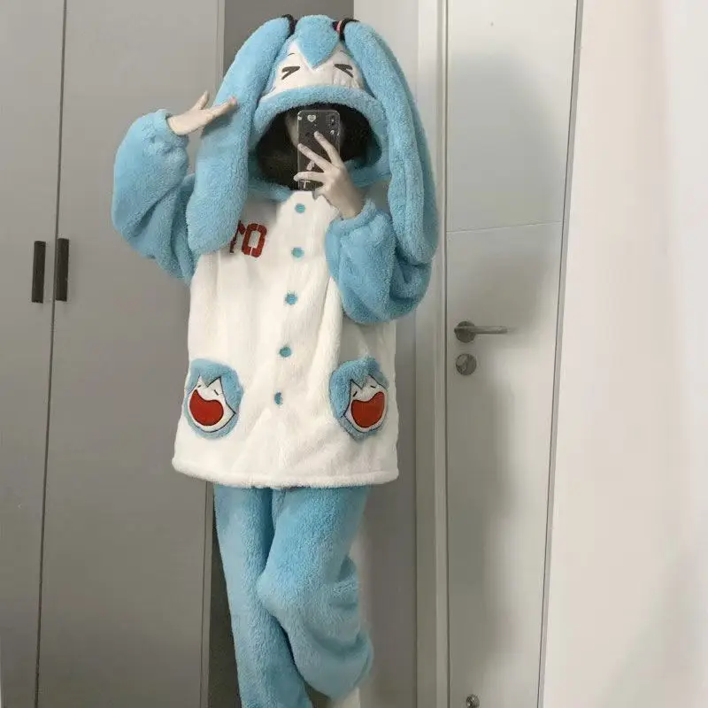 

Hatsune Miku женский пижамный комплект из кораллового флиса с длинными рукавами, милая стильная одежда для сна, зимняя удобная одежда для дома, подарок на праздник
