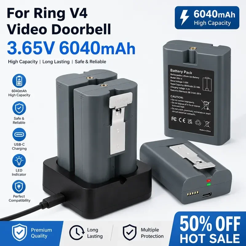 [New] [RV4] for Ring Video Doorbell 2/3/4 Ring Stick Up Cam Solar Replace V4 Doorbell 3 Plus Spotlight Cam 3.65V 6040mAh